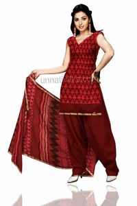 pr711--Appealing chanderi silk crimson depth maroon and pale brown unstitched salwar kameez has got all over zari border along red block printed design with brown plain cotton salwar and chanderi silk printed dupatta is suitable for trendy and classic wea...